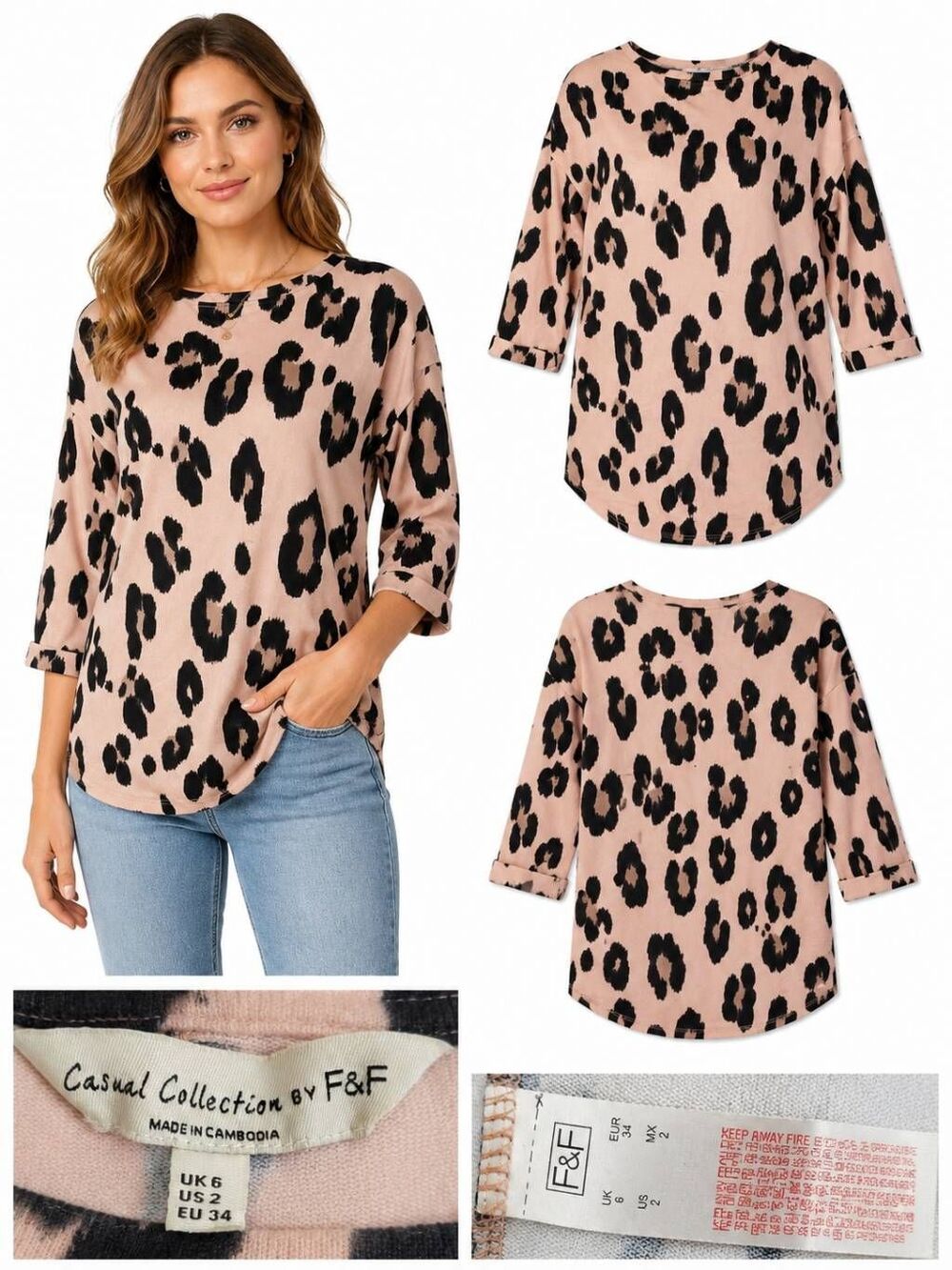 F&F Size 2 Leopard Print 3/4 Sleeve Tunic Top